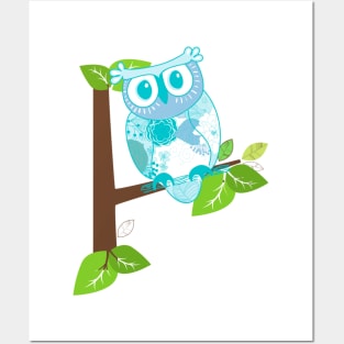 Blue owl in tree Posters and Art
